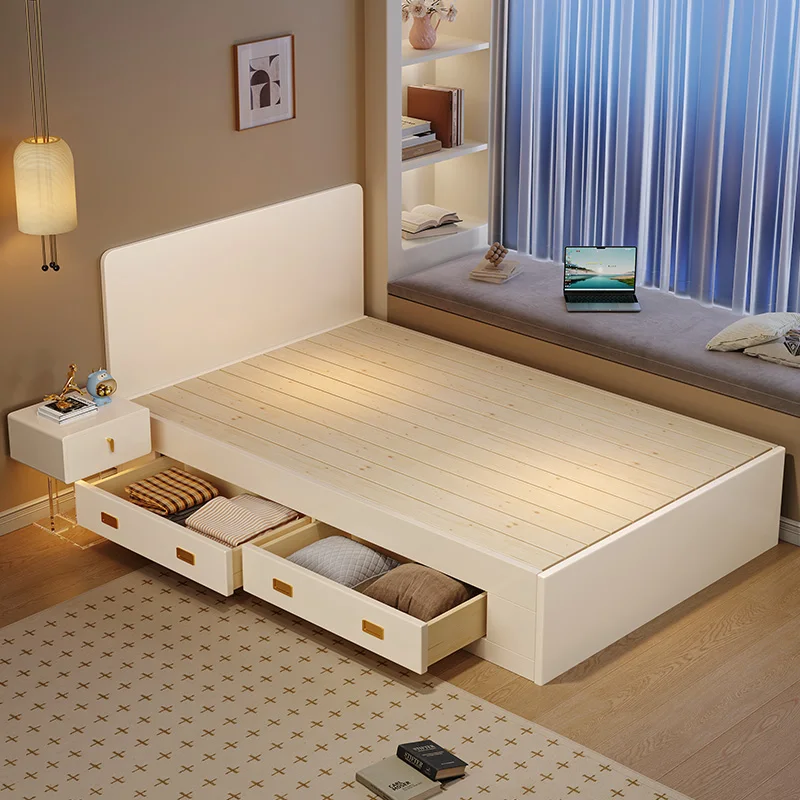 Modern Scandinavian Solid Wooden Double Bed with 3 Drawer Storage for Home and Hotel Family Bedroom Master Bedroom Bed