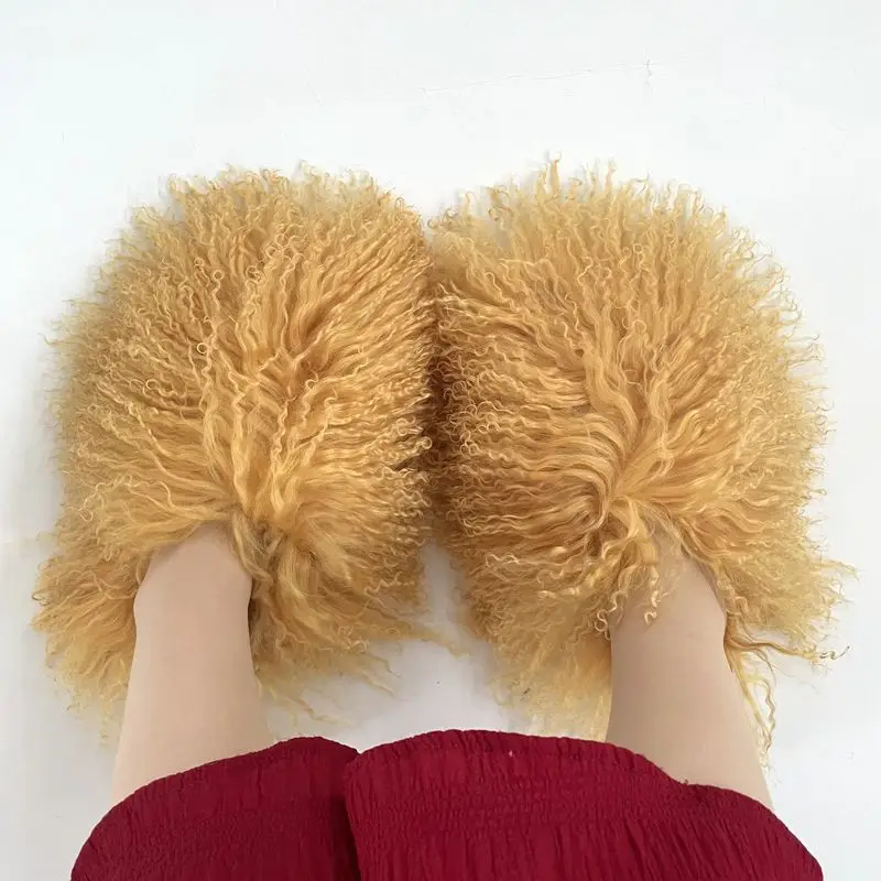 2024 Custom Logo Pantuflas De Peluches Slip On Zapatillas Fluffy Plush Fuzzy sheep fur slides Mongolian fur  slippers