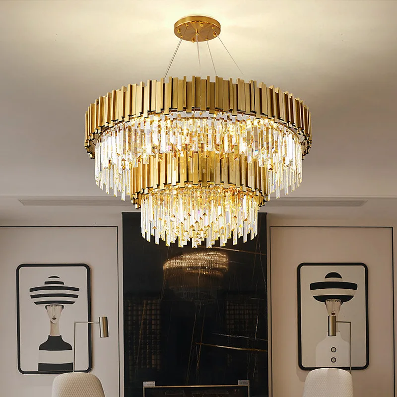 Modern Nordic Custom Living Room Decor High Ceiling Gold Luxury Pendant Lights LED K9 Crystal Chandelier