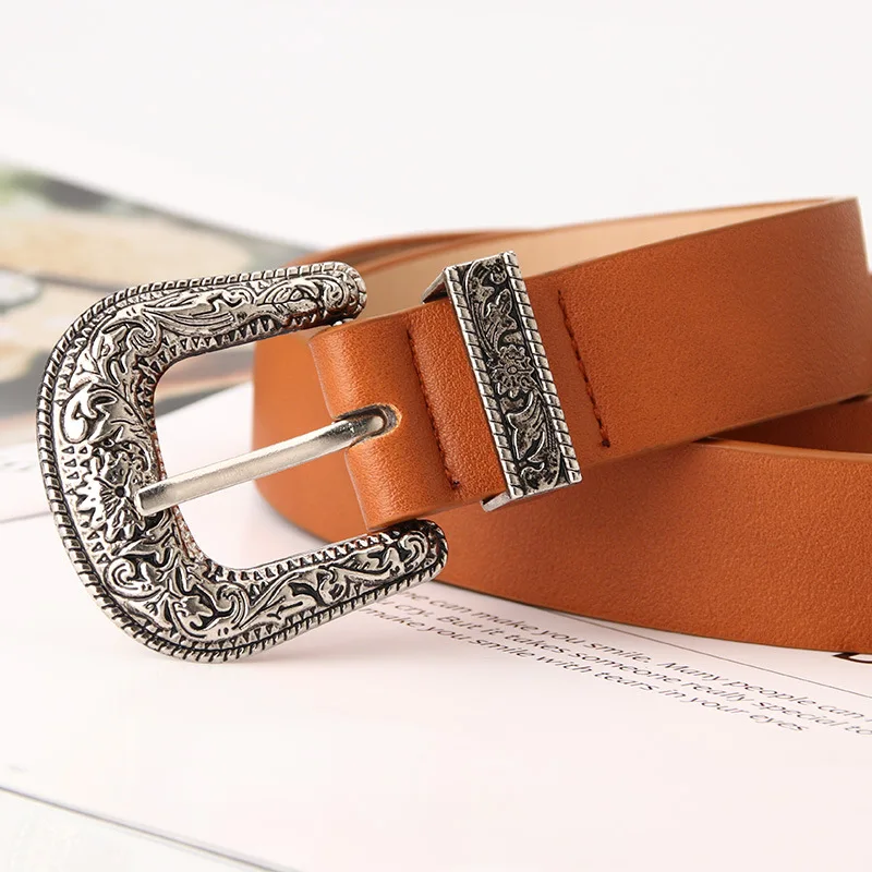 New Carve Pu Pin Buckle Belt Women Fashion Black Silver Buckle Thin Belts Female Jeans Dress Waistband Brand Design 2022