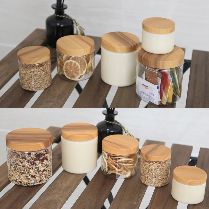 Wood grain lid transparent  candy bottle Jam food jars plastic storage  Nut bottle honey jars