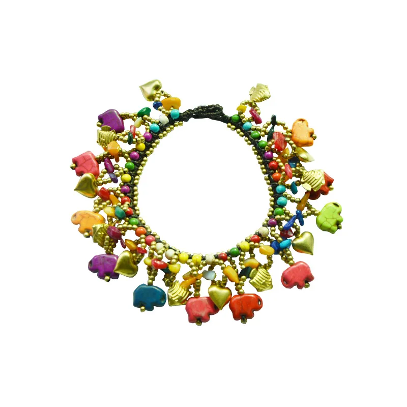 Bohemian Pine Stone Copper Elephant Bracelet Handmade Wax Thread Beaded Colorful Bracelet Female Accessories