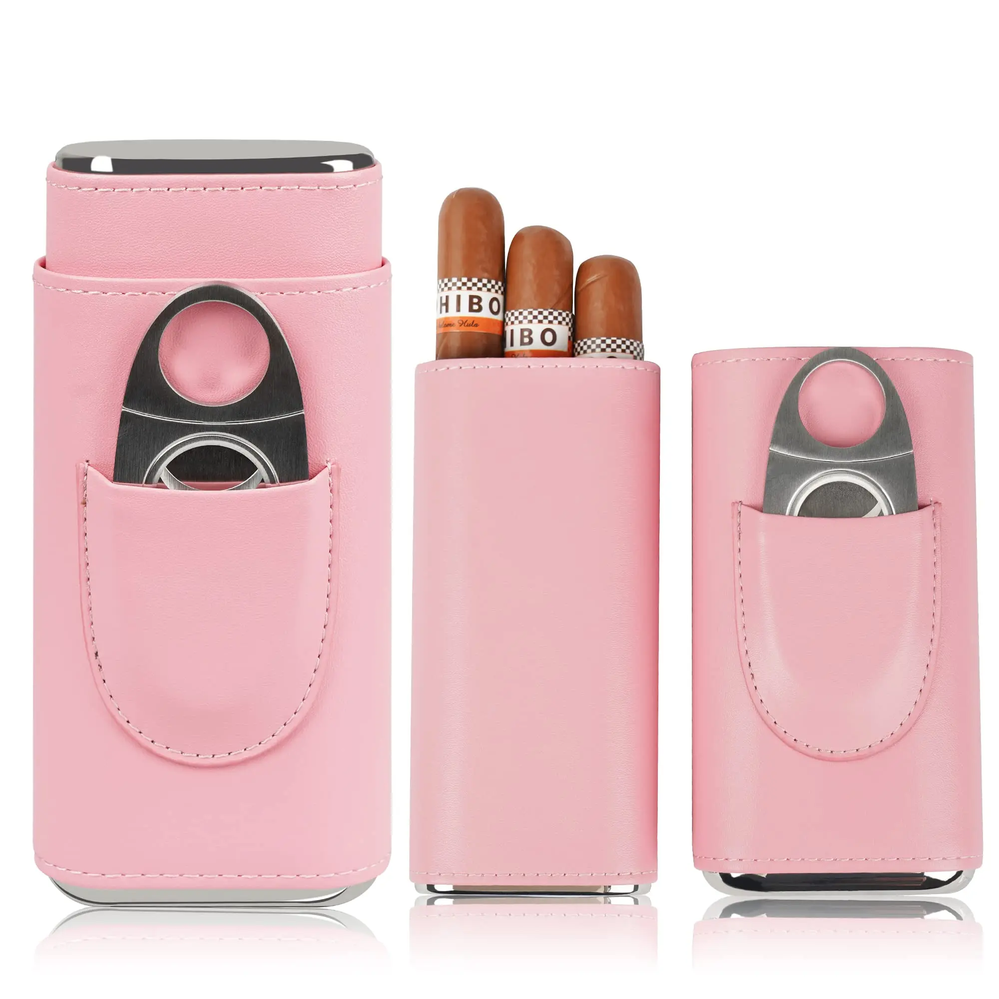 Coozment Pink 3 Finger Spanish Cedar Lining Pu Leather Cigar Travel Case With With  Stainless Steel Cutter For Women