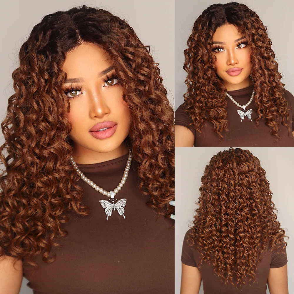 Ainizi 22 inches afro kinky curly ombre brown synthetic T-part lace frontal wigs