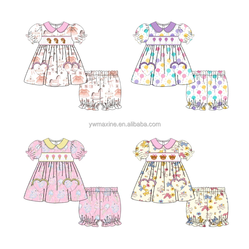 2023 New Arrival smocked baby clothing cute embroidery girl clothing sets boutique kids dresses for girls
