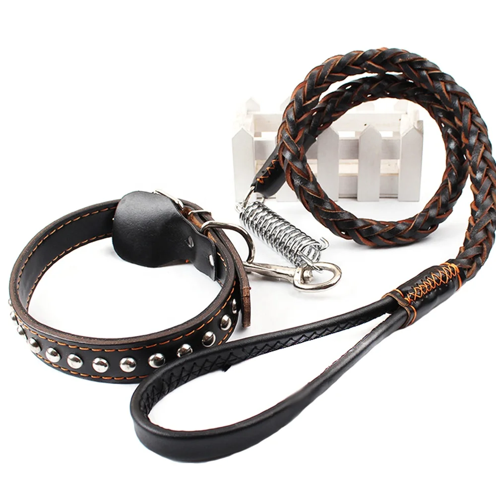 High Quality Durable Genuine Leather Leads Large Dog Collars and Leashes