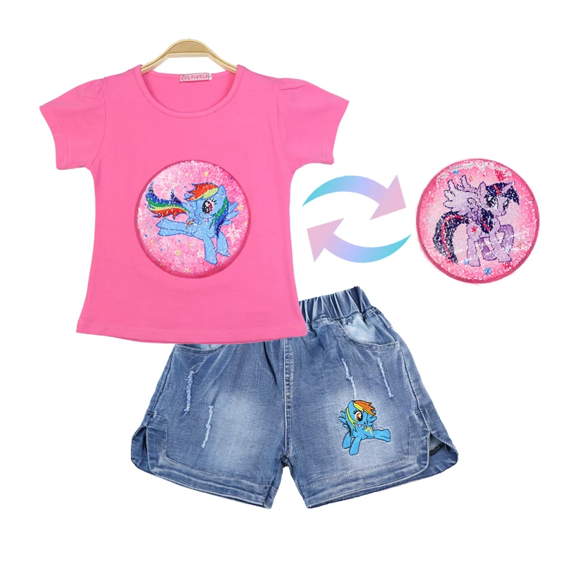 Girls Sets 2023 New Sequin  Short Sleeve Cotton Summer Kids Jeans Shorts Clothing Two-piece Children Clothes little pony
