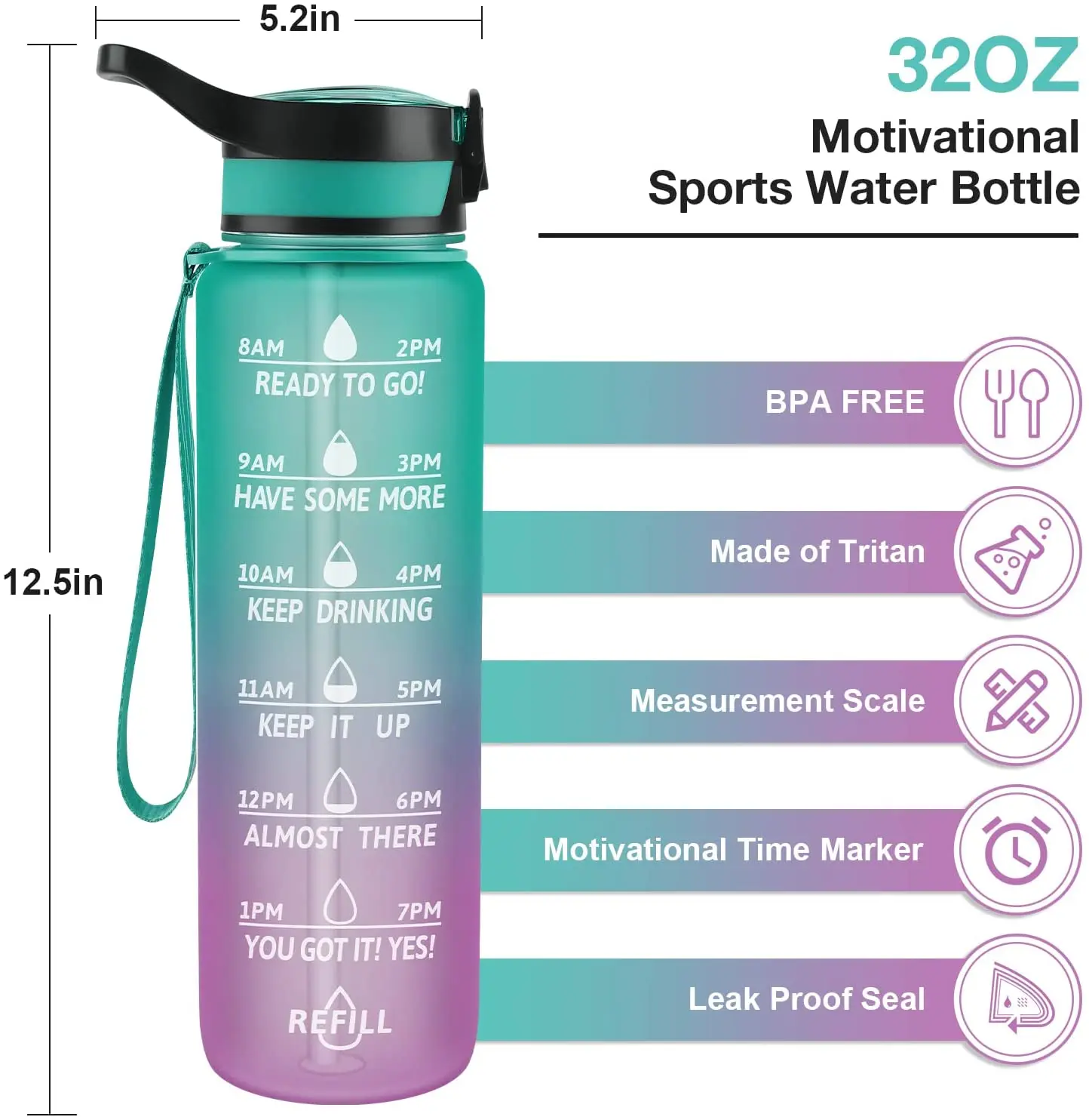 2023 Gradient Plastic Cup 1000ml Tritan Space Cup Bounce Lid Frosted Straw Cup With Time Scale