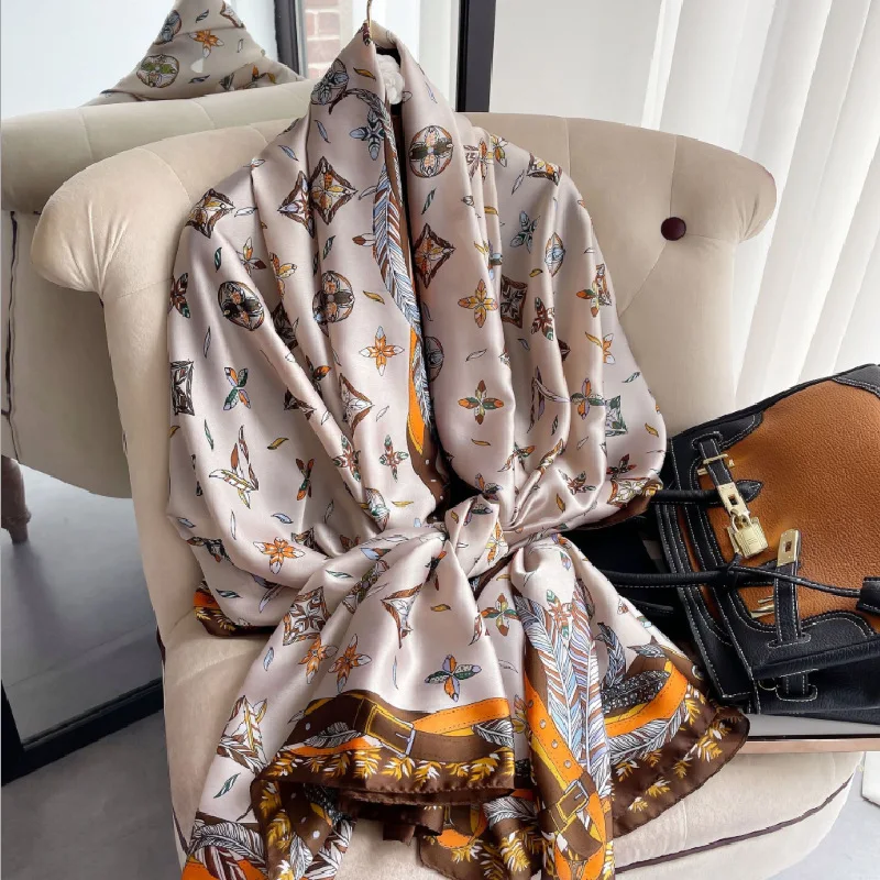 Hot sale women flower printed silk scarf long muslim hijab soft oversized chiffon head wraps scarves