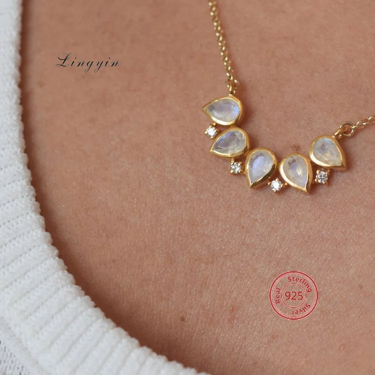 Pendant Jewelry Shine Gemstone S925 Sterling Silver Pear Shaped Moonstone Necklace for Women 14k Gold Picture Scar Link Chain