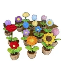 Lovely Handmade Mini Potted Knitting Flowers Sunflower Tulip Rose Daisy Crochet Home Office Car Decoration Crochet Flowers