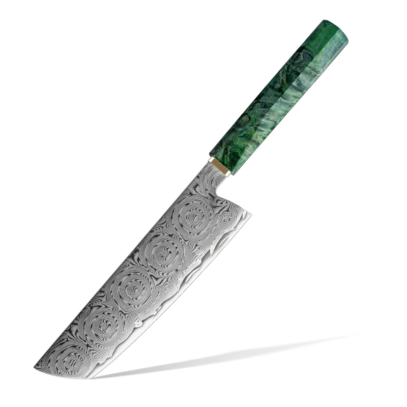 Japanese 7 Inch Damascus High Carbon Steel Kitchen Knife Nakiri Knife with Solidified Wood and Copper Bolster Handle