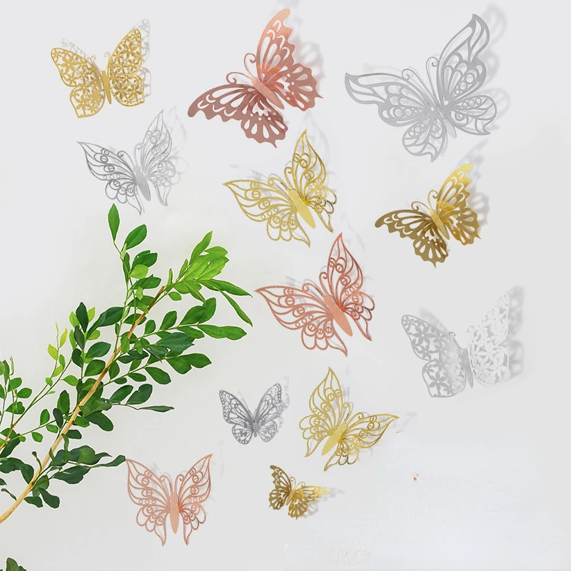 12 Pcs /Pack Gold Rose Gold Color 3D Wall Stickers for  Wedding Birthday  Decors Butterfly Wall  Decor