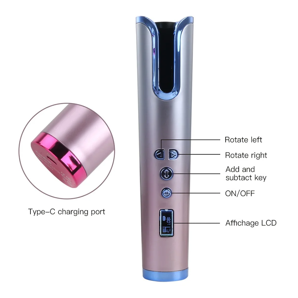 Power Bank Rechargeable Hair Curler Portable Wireless Lcd Display New Style Automatic For DIY Beauty Hair Curlers Pink