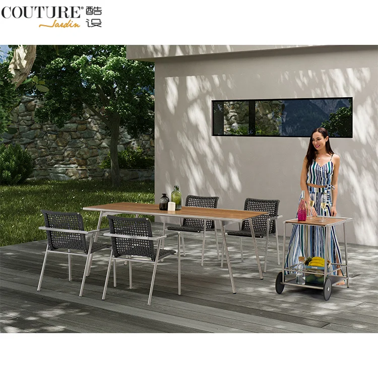 Hotel Design Patio Outdoor Furniture Olifen Rope Wrought Iron Long Table And Chairs Garden Terrace Outdoor Dining Set