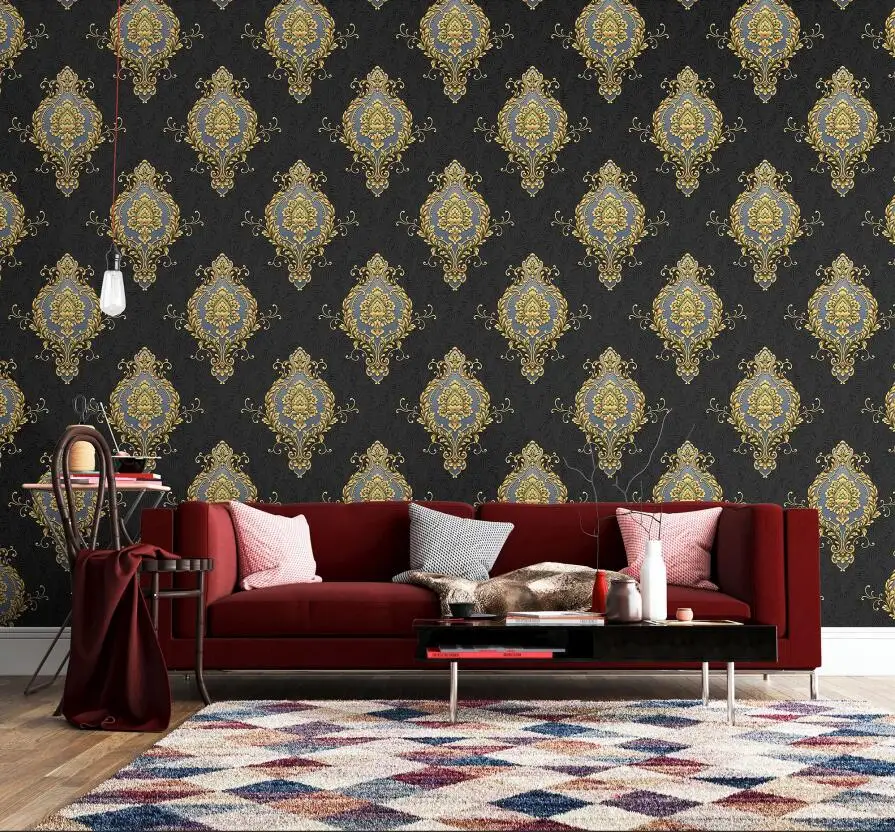 MyWow Guangzhou 3D Cheap Price Wholesale 3D Wall Paper Deep Dark Golden Damask PVC Decorative Wallpaper for Interior