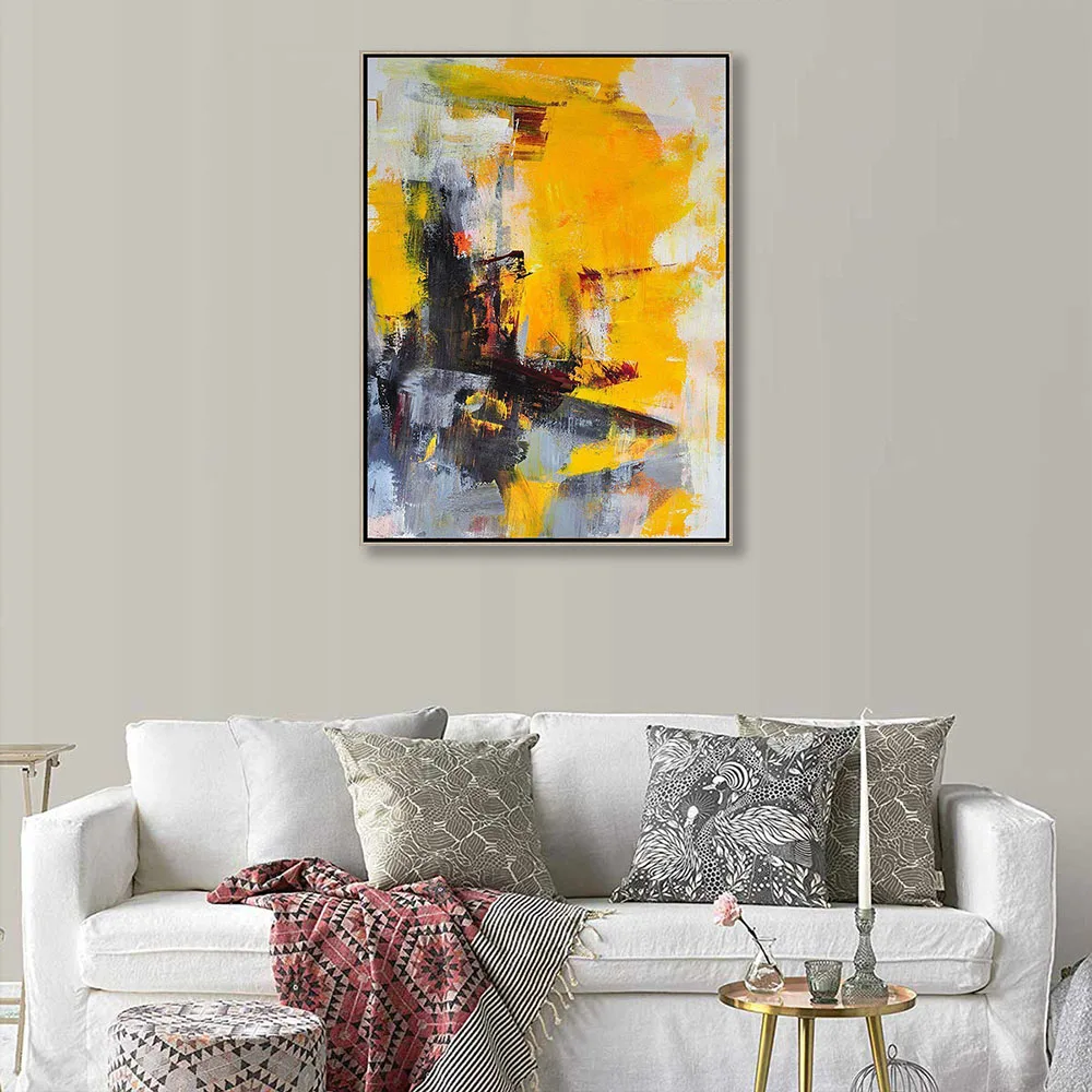 Christmas Gift  Hand painted  Yellow And Black Abstract  Painting  For Living Room  Office Hotel Decor