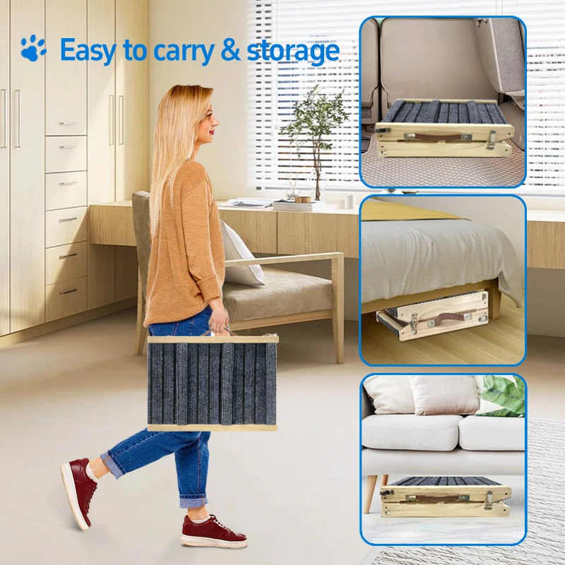 Adjustable Non-Slip Wooden Folding Pet Ramp for Small Medium Dogs for Beds and Couches Cat Trees