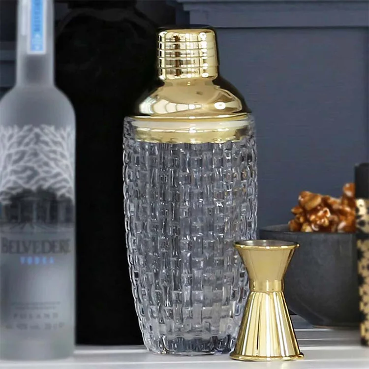 Glass Mixer Plaid Glass Shaker Stainless Steel Lid Mixing Cup Bar Bartending Tool Shaker Cup