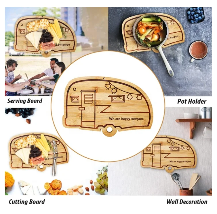 Camper Decor RV Gift Retro RV Engraved Camping Happy Camper Bamboo Cutting Board