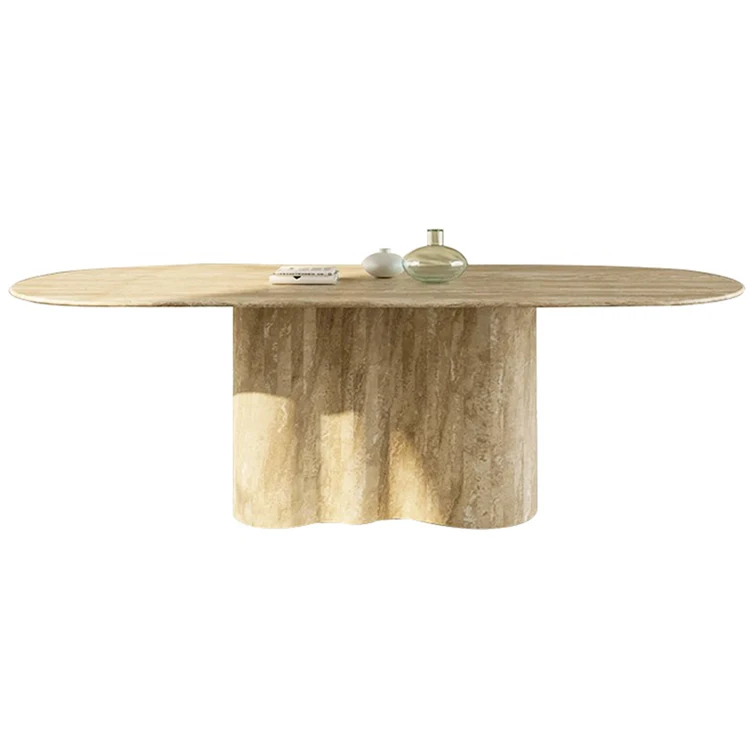 Hotel luxury home design stone pillar column table furniture travertine dining table marble dinning table set