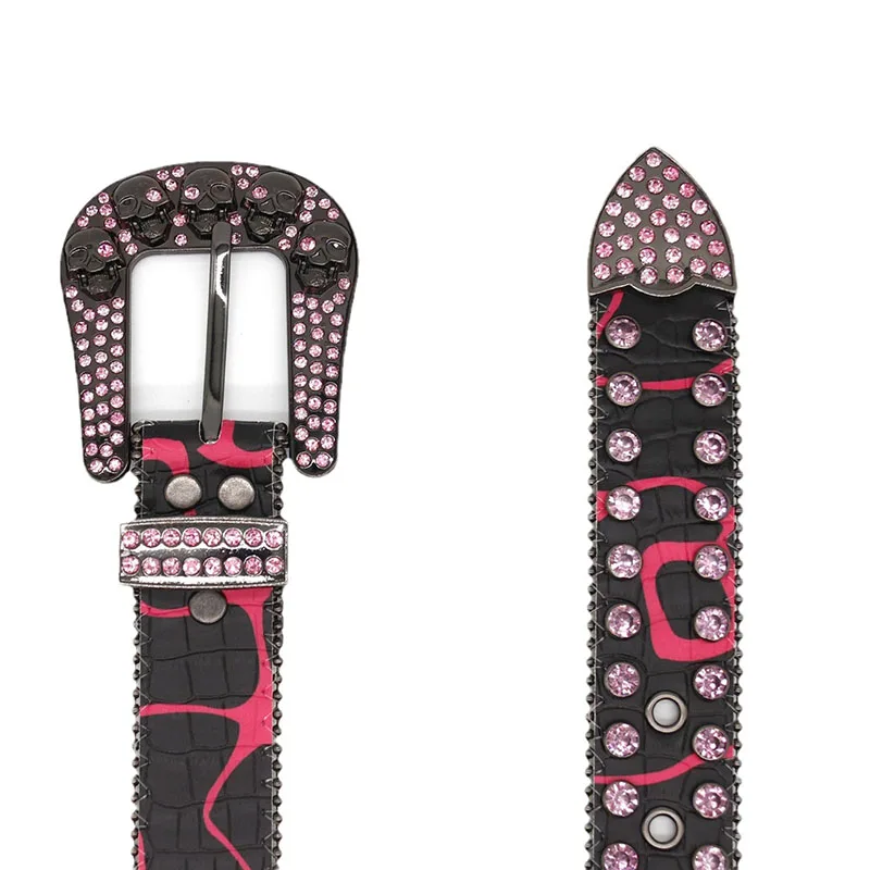 Original Design Colorful Rhinestone Ladies Skull Inlaid Alligator Pu Leather Western Belts for Men