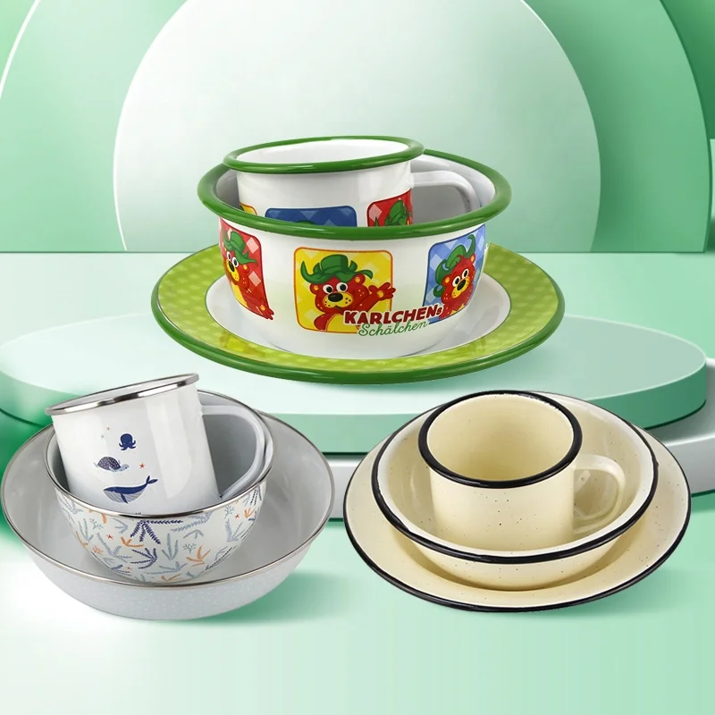 WUJO Enamelware Manufacturer Best Selling Enamel Bowl Plate Mug Camping Enamel Tableware Set