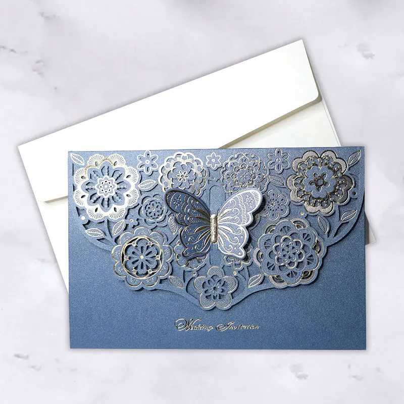 
Navy blue laser cut hollowed butterfly flowers gold foil wedding invitation cards 