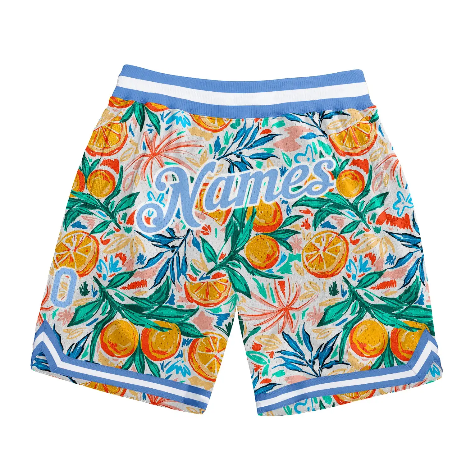 Custom White Light Blue-White 3D Pattern Design Oranges Authentic Quick Dry Plus Size Basketball Shorts