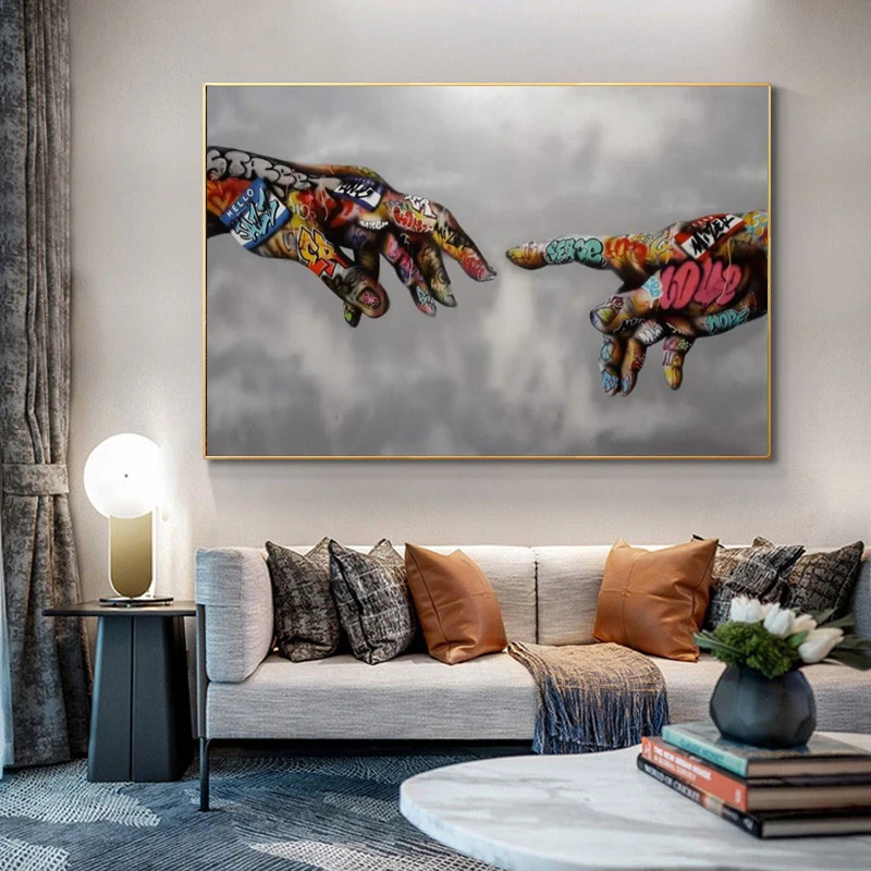 Graffiti Art Street Wall Canvas Painting Abstract Colorful hand of God Picture Prints Posters For Living