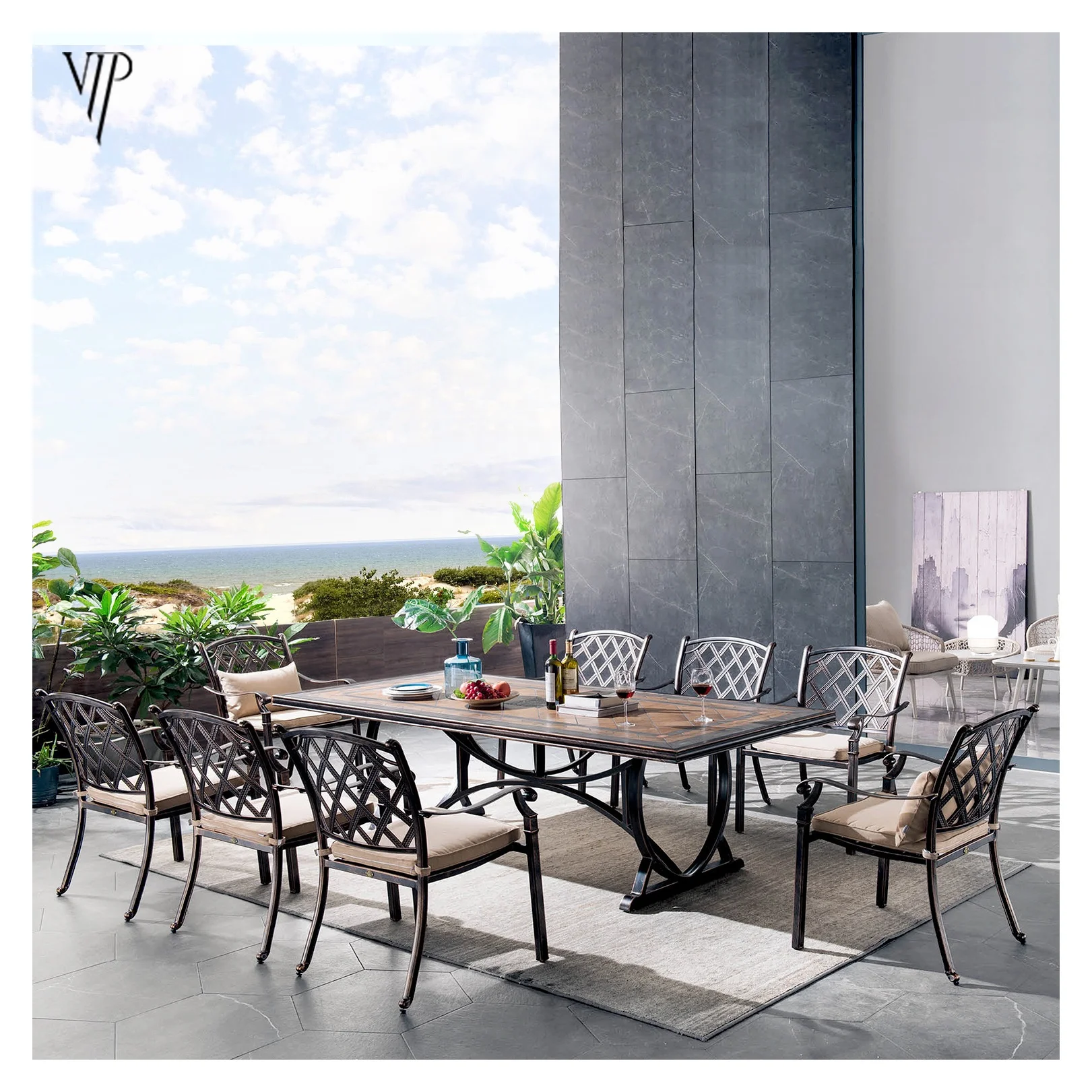 
modern outdoor patio dinning marble table and 8 seat cast aluminum chairs set outdoor garden furniture 
