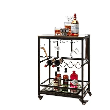 Home Kitchen Dark Brown Wood and Metal Frame Wine Rack Table Bar Carts Mobile Wine Cart with Wheels