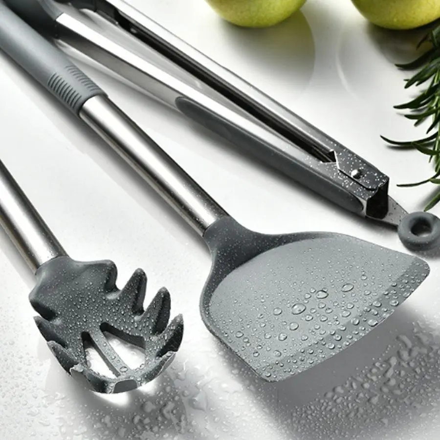 Silicone Kitchen Cooking Utensils Set with Stainless Steel Handle,Spatula Set,Kitchen Tools Gadgets for Nonstick Cookware