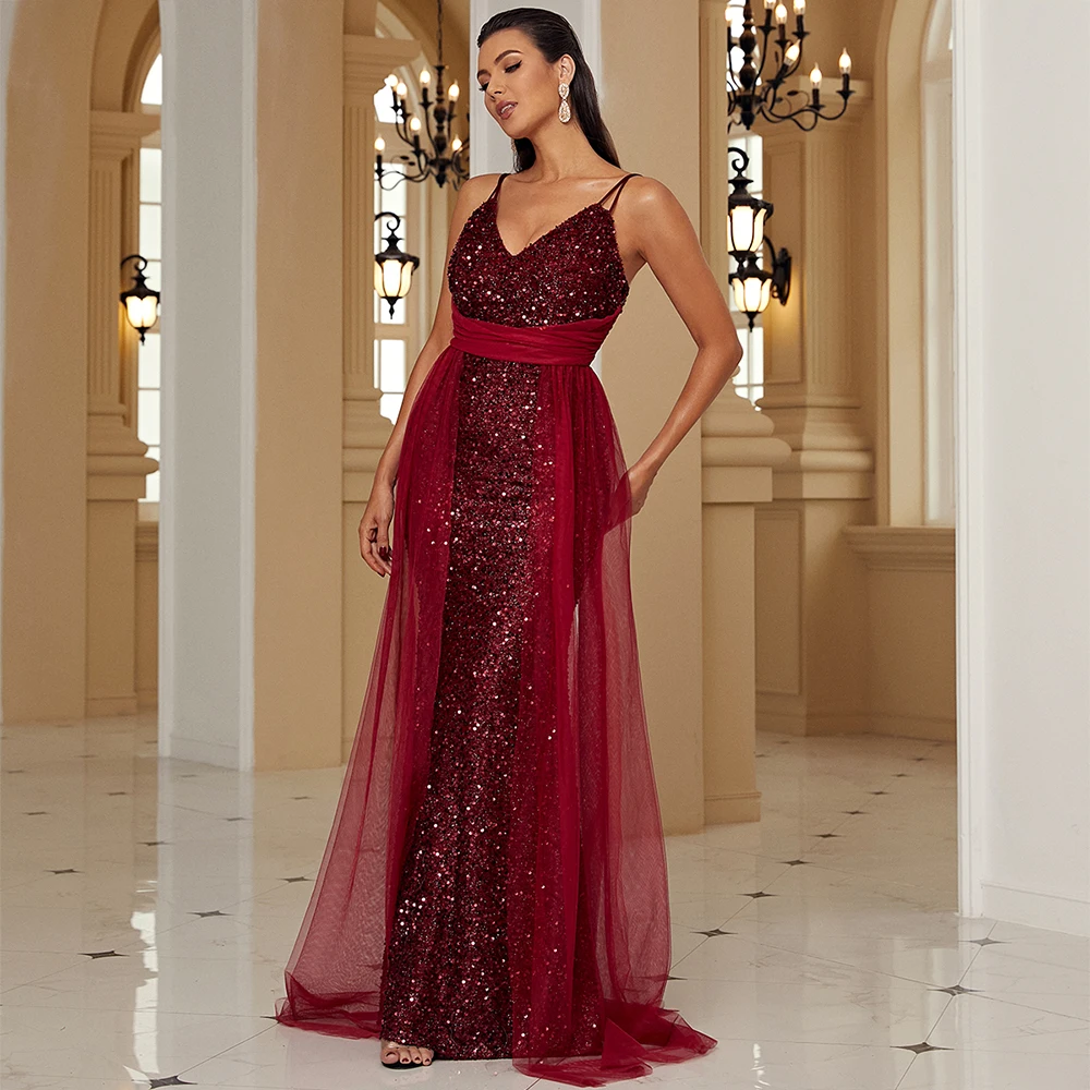 Missord Contrast Sequin Mesh Overlay Formal Sequins Evening Dress In Red Gowns For Women