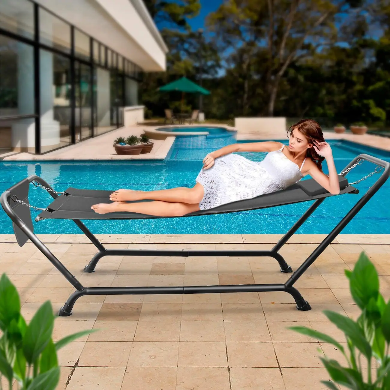 Hammock Bed Patio Hammock with Stand Heavy Duty 500lbs Support Durable Outdoor Hammock