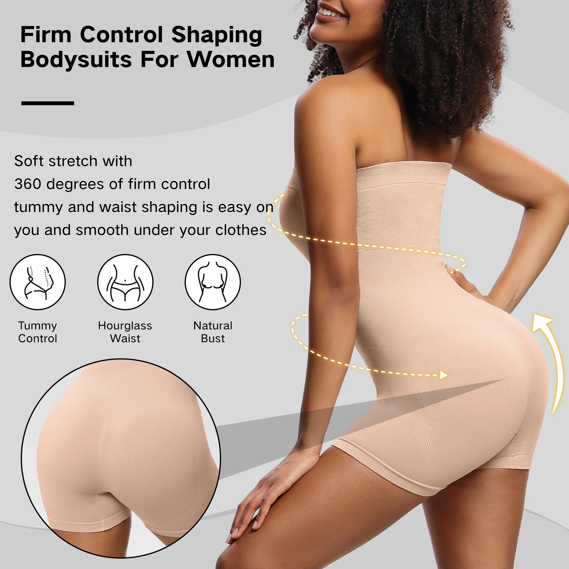 Ultimate Stretch Full Body Shaper Nylon Bodysuit with Seamless Features Invisible U Collar Removable Shoulder Strap Butt Lifter