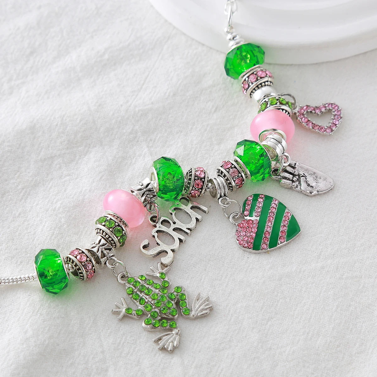 Factory Directly Sale Fancy Designer Sorority Alpha Inspired Charms Pink And Green Beads Making Fashion IVY Sorority Bracelet