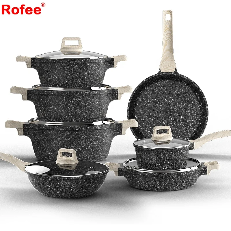 Black marble coating die cast aluminum cookware set with wooden soft touch handle