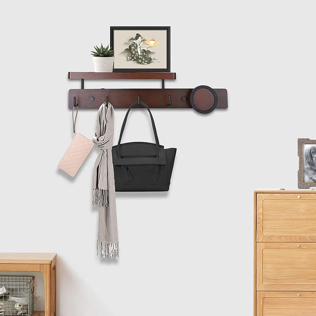 Hot selling Rustic Bamboo Floating Shelves Entrance Coat Rack with Shelf and 5 Hooks beauty supply store shelf