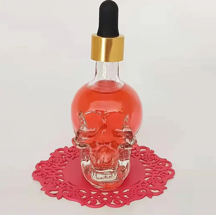 Unique 30 ml Skull Glass Essential Oil Glass Bottle 30ml Glass Skull Dropper Bottles