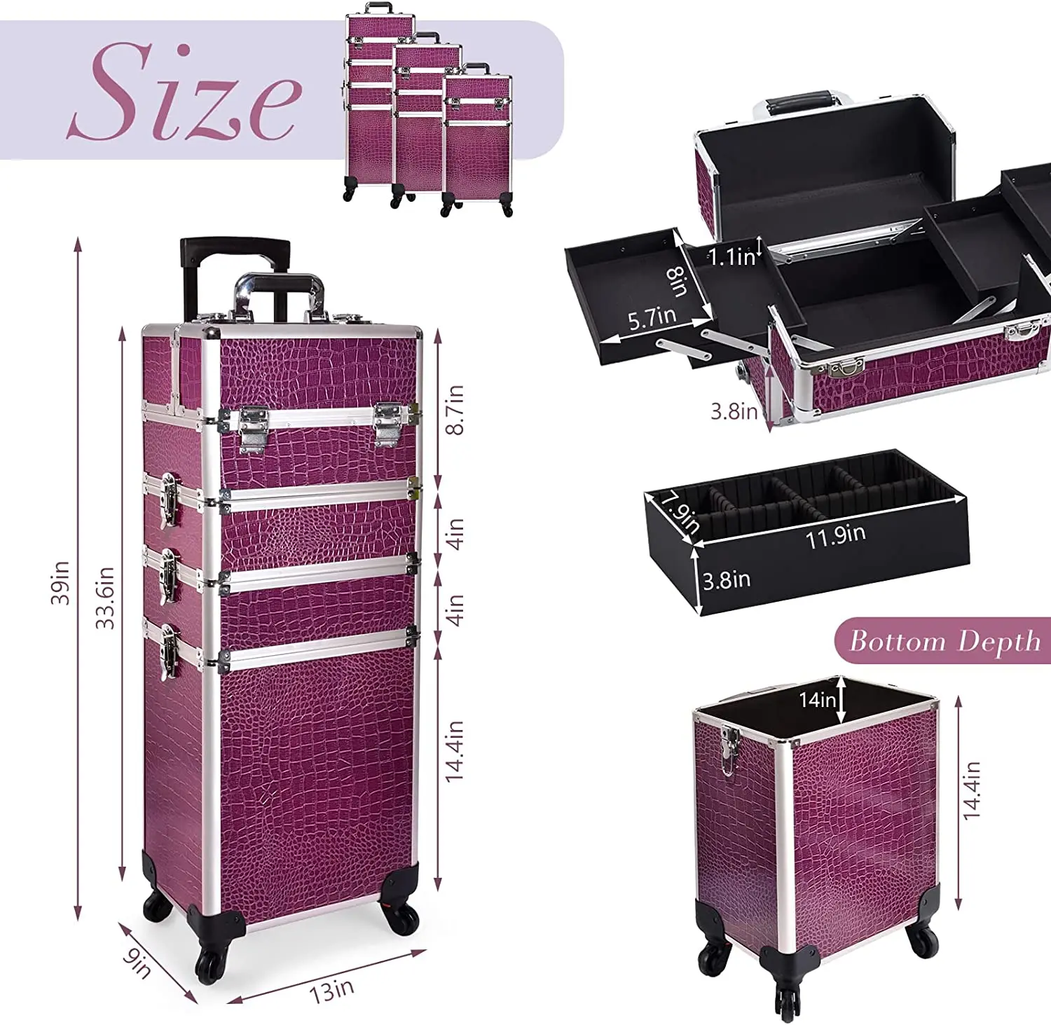 Makeup Case 4 in 1 Beauty Case Nail Box Storage Case Large on Wheels Professional Beauty Trolley Cosmetic Trolley Purple