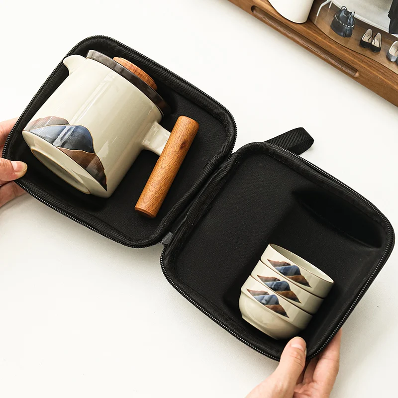 Chinese Grey Porcelain Travel Tea Set Portable Quick Cups with Infuser One Pot Three Cups for Outdoor Coffee