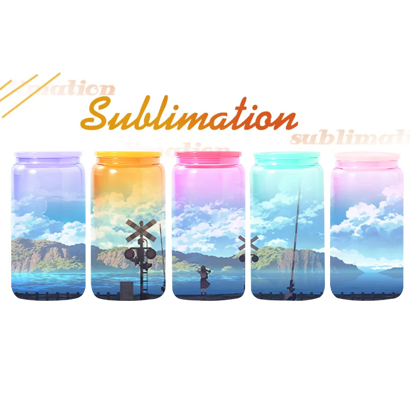 USA Warehouse 16oz Sublimation Clear Glass Mug 16 oz colorful Glass Beer Can With Bamboo Lid And Straws