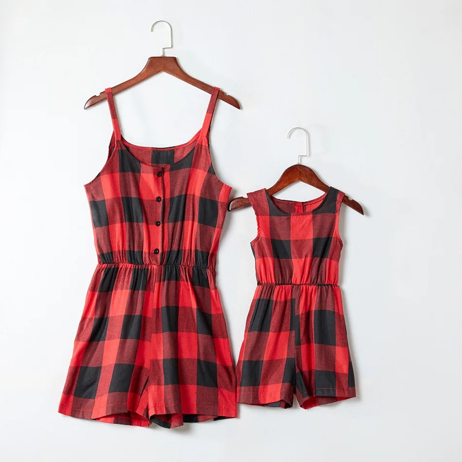 
suspender plaid jumpsuit matching clothing mother and daughter family clothes for kid and parent mommy and me outfits 