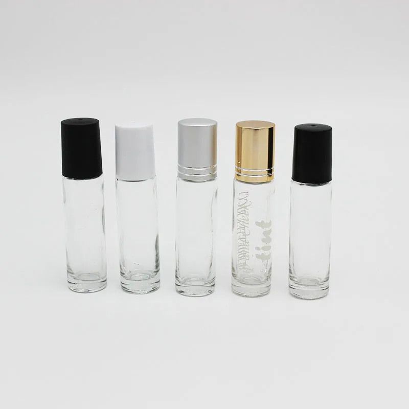 
10ml clear transparent thin tall essential oil roll on glass bottle with plastic aluminum caps and rollers 