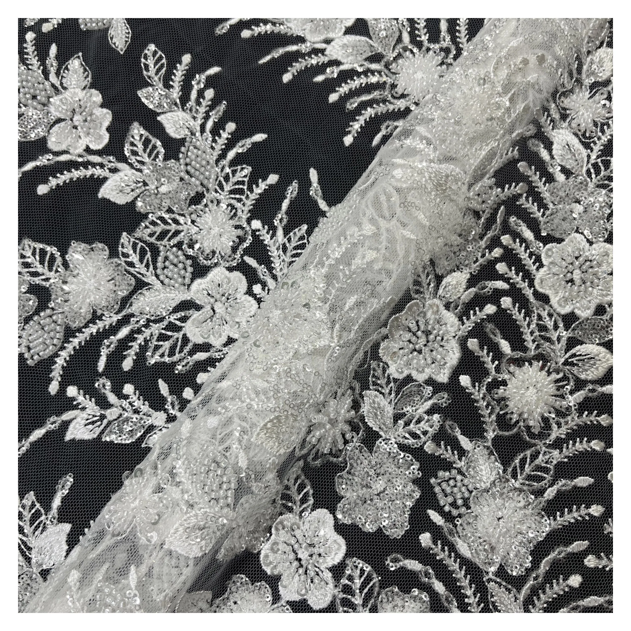 Heavy Beaded Sequined Embroidery for Bridal Tulle White