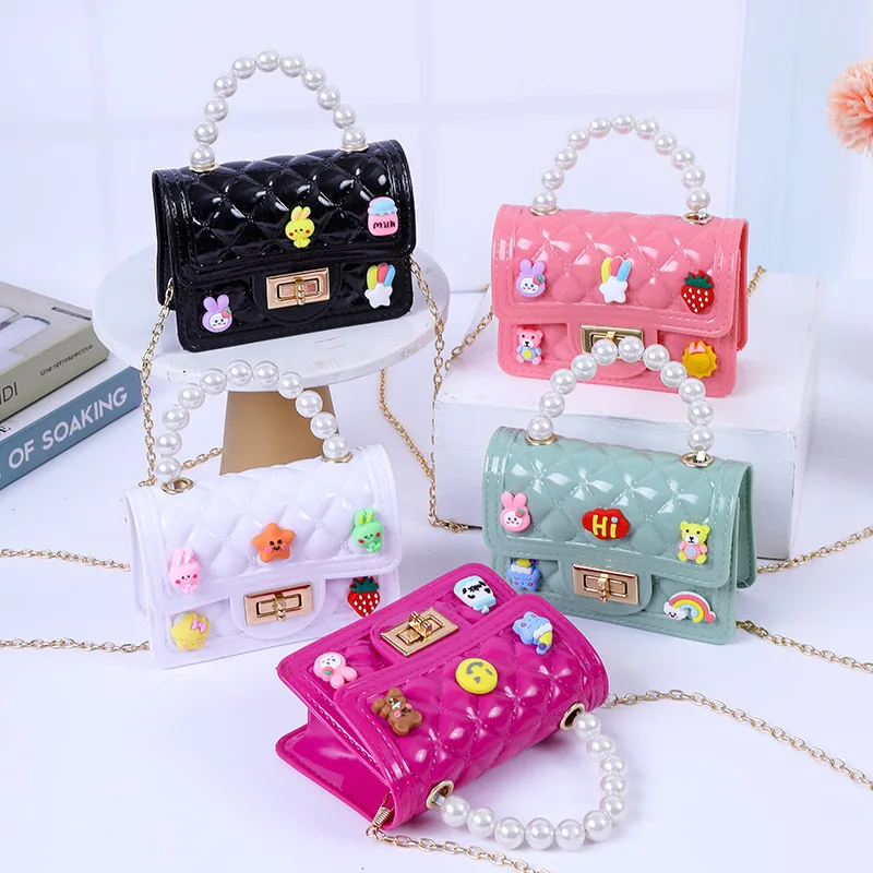 Fashion Cute Kids Crossbody Bag Pearl Chain Handbag Bag With Cute Decoration Designer Coin Purse  Bag For children Girls