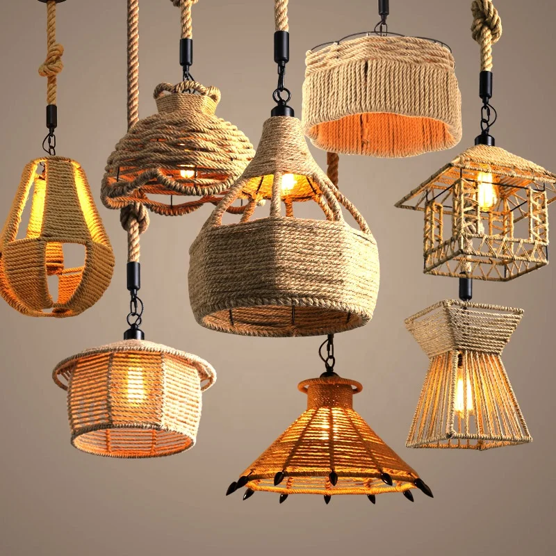 Vintage Industrial Hemp Rope Pendant Light American Country Style Iron Rope Chandelier For Bar Coffee Shop