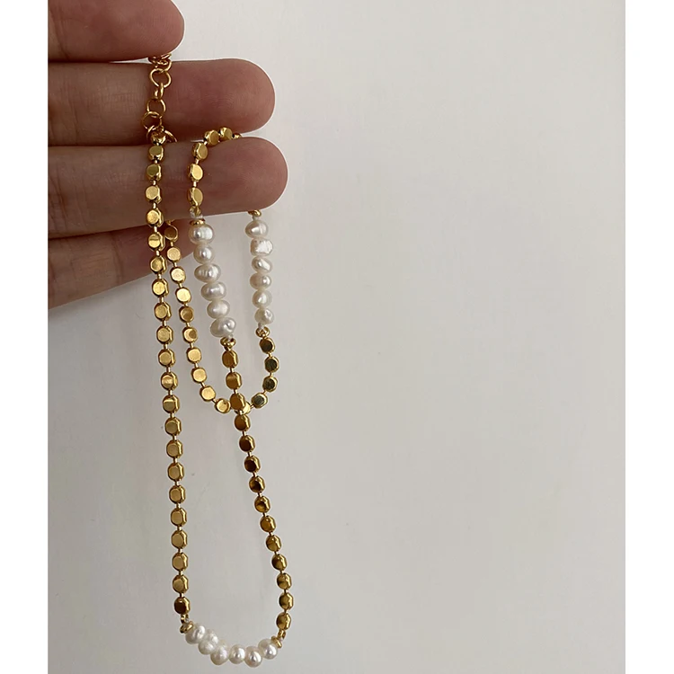 Flat Beads Chain Natural Freshwater Pearl Necklace Brass 18K Gold Plated Necklaces Women Vintage Boho Elegant Jewelry 2022 New