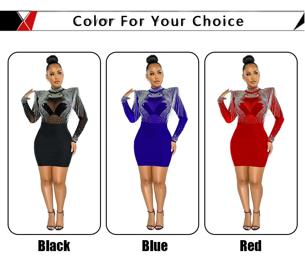 Прозрачное Сетчатое облегающее мини-платье с цепочкой со стразами и плечевым упором, с высоким воротником и длинным рукавом, повседневное